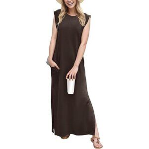 Grecerelle Women Dark Coffee Round Neck Loose Split Wrinkle-Free Long Maxi Dress